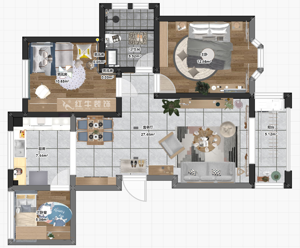 吴波｜御水湾花园61-401-90㎡-现代风格｜2室2厅1卫｜旧房装修｜定制家￥102861｜全包11万｜00_03平面彩图